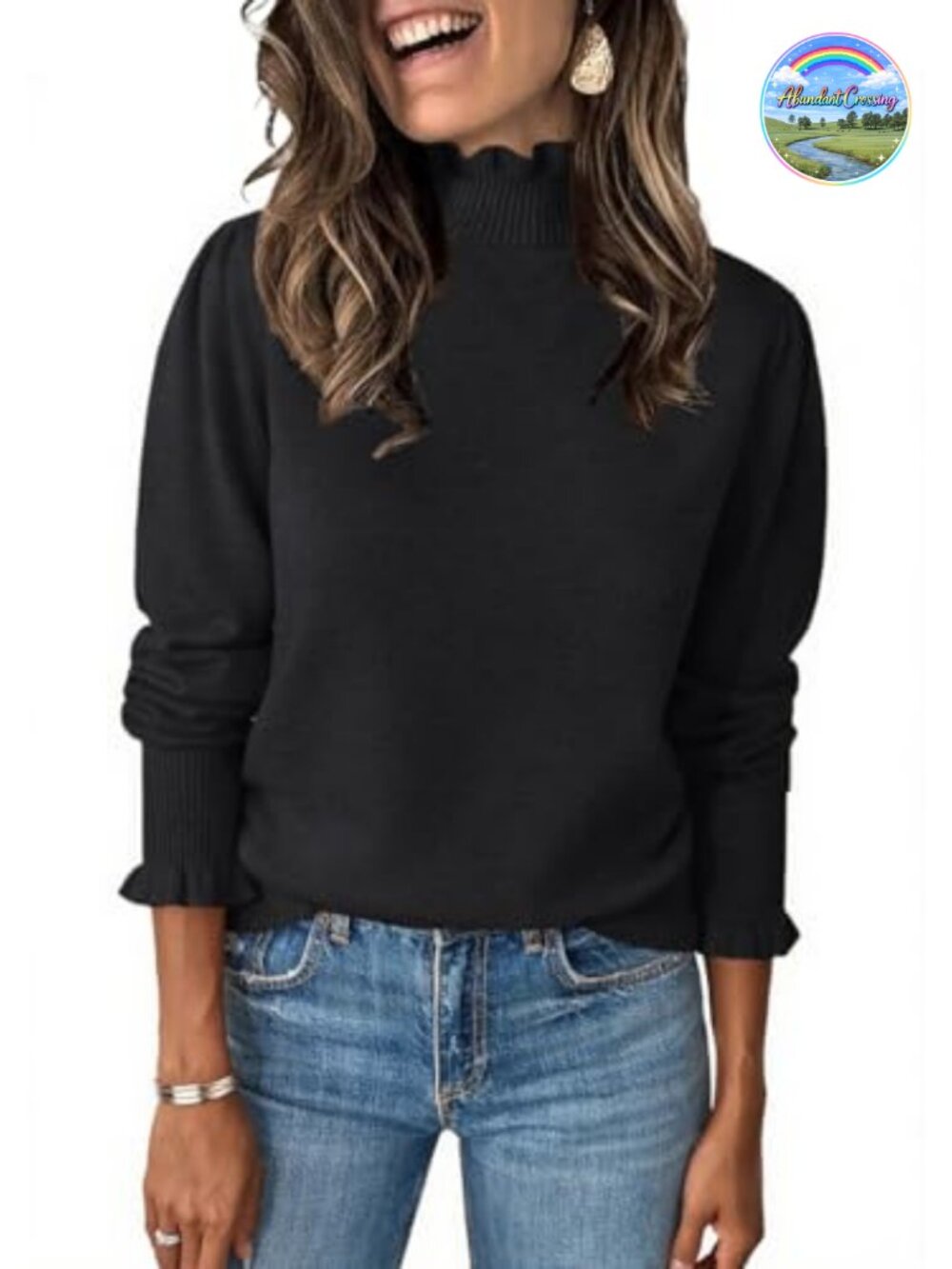 Womens Ruffle Mock Neck Sweater Puff Long Sleeve Pullover Top